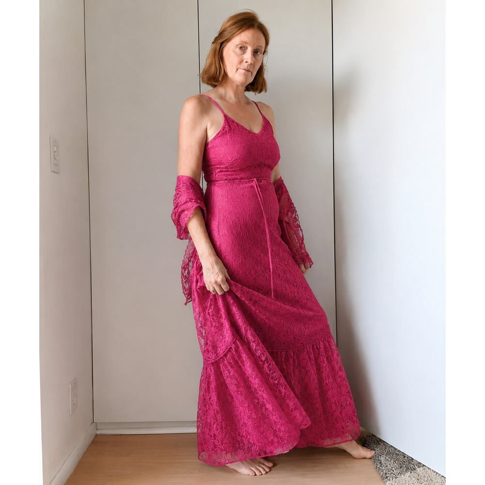 Vintage Lace Maxi Dress with Jacket Mauve Full Length Sundress Prom Size M/8